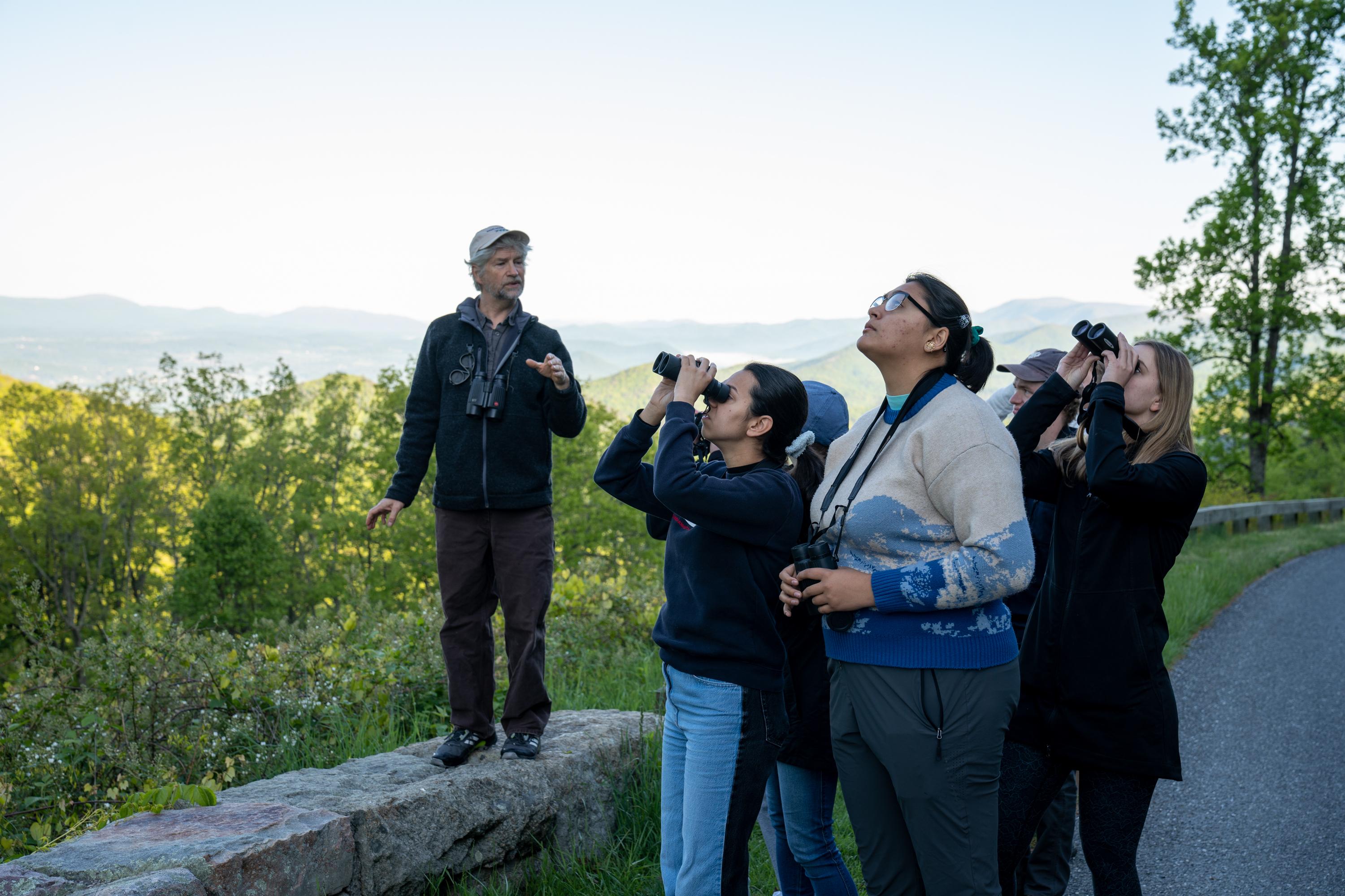 A Spring Term class identifies birds along the Blue Ridge Parkway